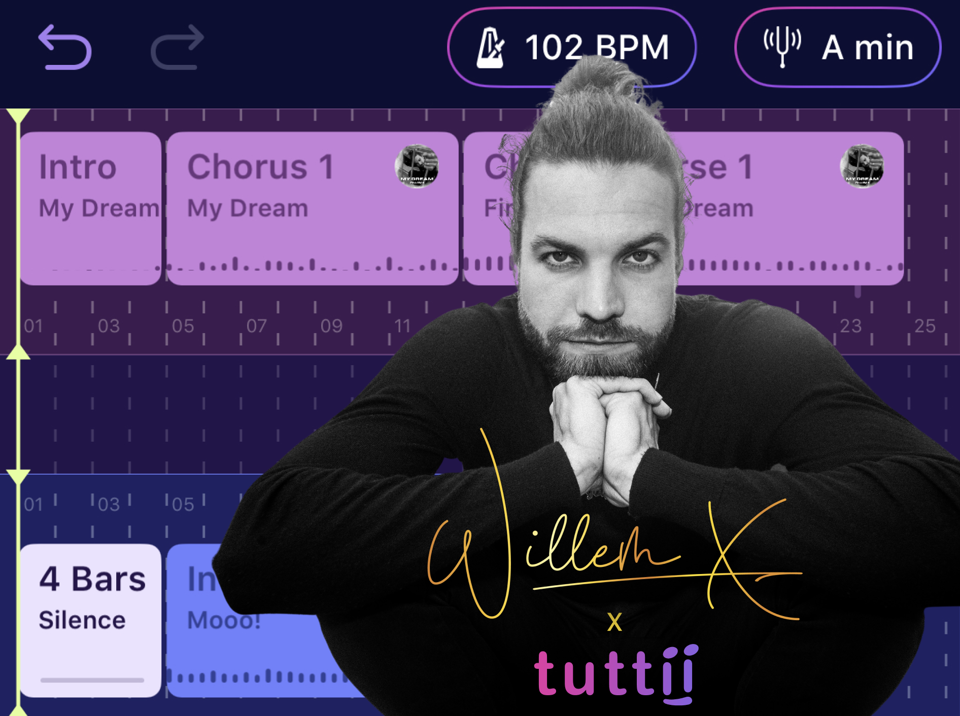 The Tuttii app user interface showing the editor screen, with a photo of Willem X overlaid. Text across the bottom reads "Willem X and Tuttii"